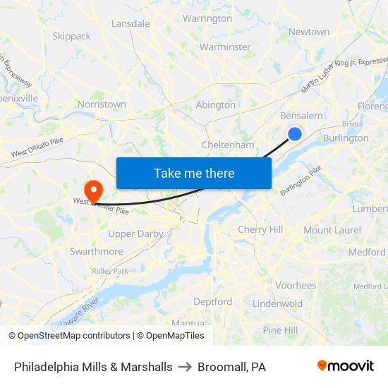 Philadelphia Mills & Marshalls to Broomall, PA map