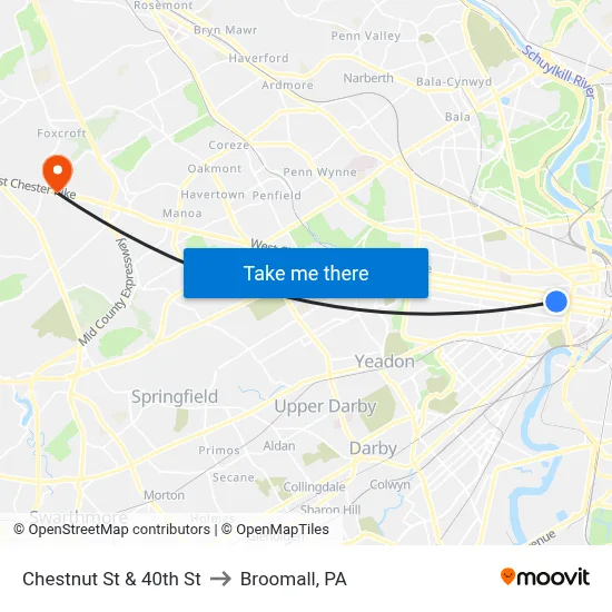 Chestnut St & 40th St to Broomall, PA map