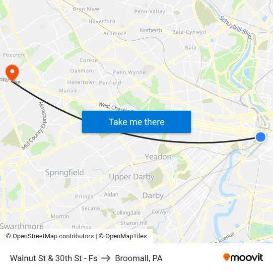 Walnut St & 30th St - Fs to Broomall, PA map