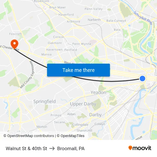Walnut St & 40th St to Broomall, PA map