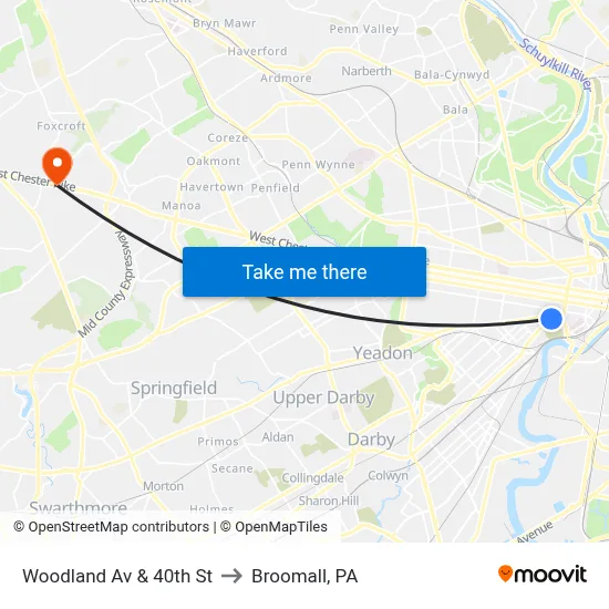 Woodland Av & 40th St to Broomall, PA map