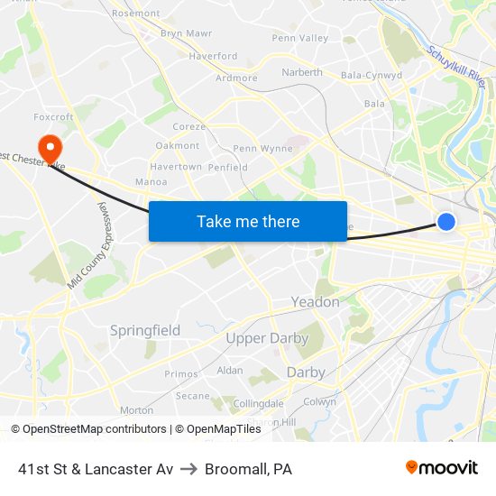 41st St & Lancaster Av to Broomall, PA map