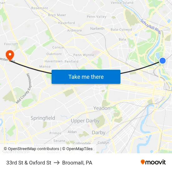 33rd St & Oxford St to Broomall, PA map