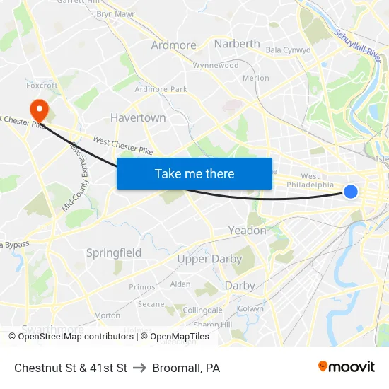 Chestnut St & 41st St to Broomall, PA map