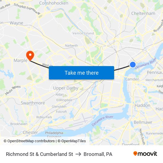 Richmond St & Cumberland St to Broomall, PA map