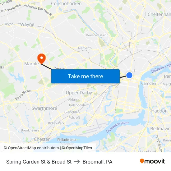 Spring Garden St & Broad St to Broomall, PA map