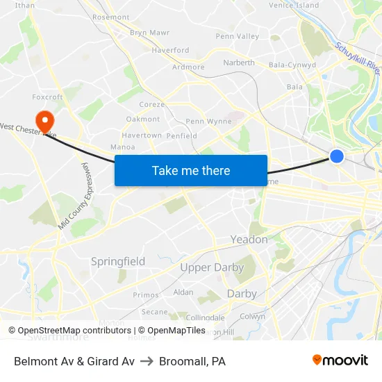 Belmont Av & Girard Av to Broomall, PA map