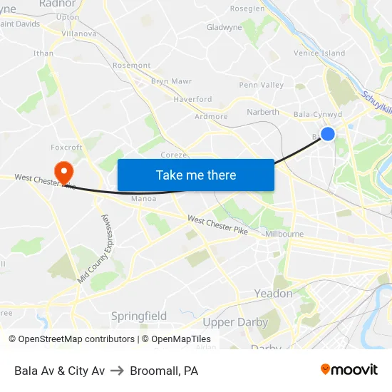 Bala Av & City Av to Broomall, PA map