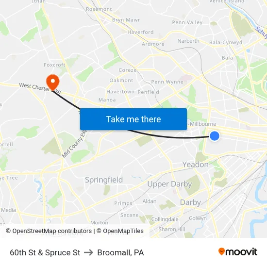 60th St & Spruce St to Broomall, PA map