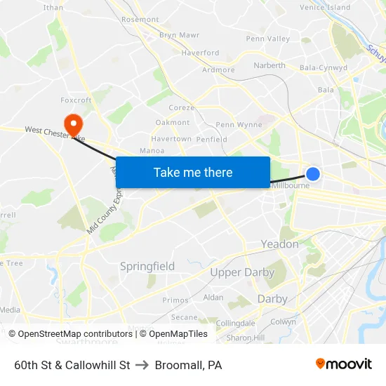 60th St & Callowhill St to Broomall, PA map