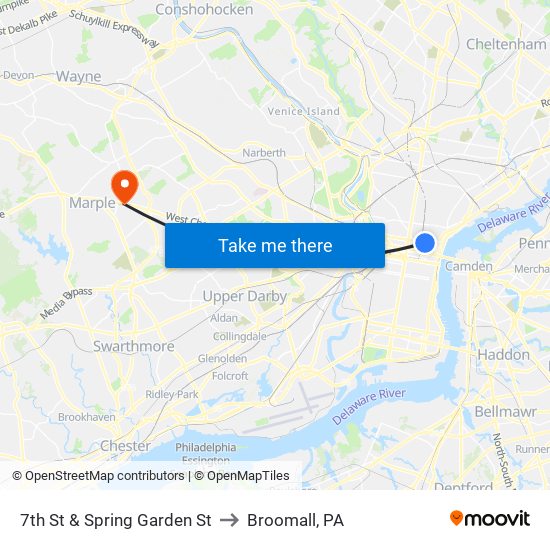 7th St & Spring Garden St to Broomall, PA map