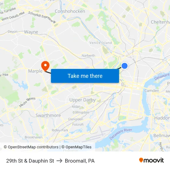 29th St & Dauphin St to Broomall, PA map