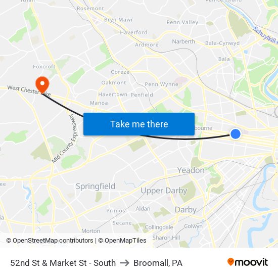 52nd St & Market St - South to Broomall, PA map
