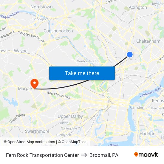 Fern Rock Transit Center to Broomall, PA map