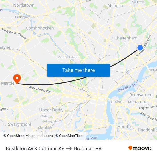 Bustleton Av & Cottman Av to Broomall, PA map