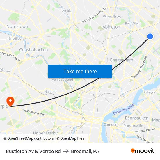 Bustleton Av & Verree Rd to Broomall, PA map