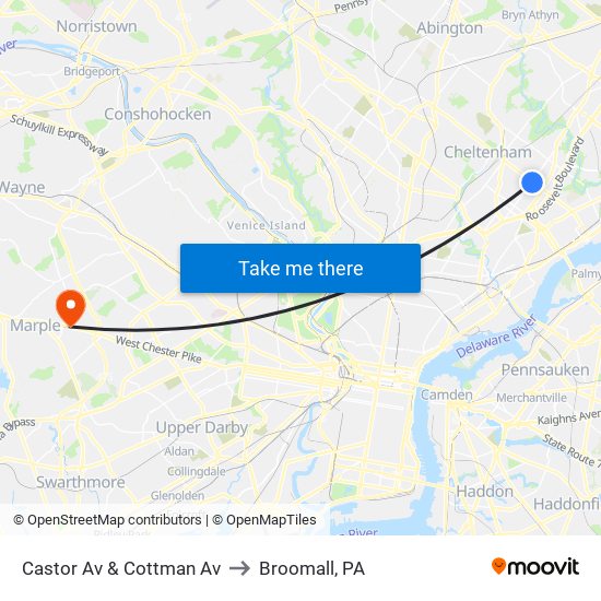 Castor Av & Cottman Av to Broomall, PA map