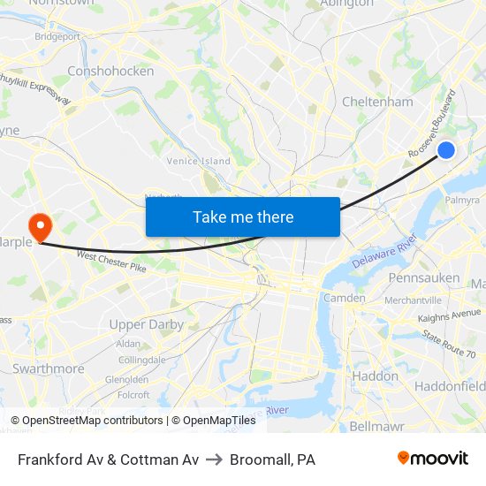 Frankford Av & Cottman Av to Broomall, PA map