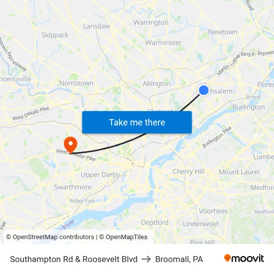 Southampton Rd & Roosevelt Blvd to Broomall, PA map