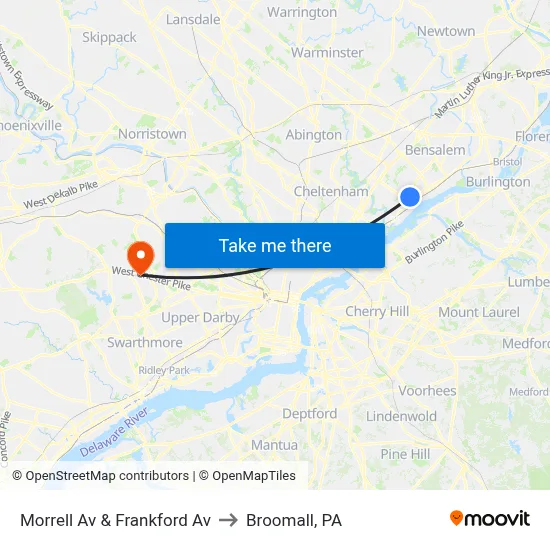 Morrell Av & Frankford Av to Broomall, PA map