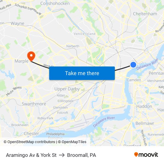 Aramingo Av & York St to Broomall, PA map