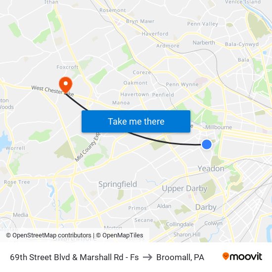 69th Street Blvd & Marshall Rd - Fs to Broomall, PA map