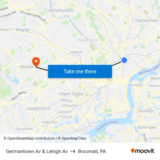 Germantown Av & Lehigh Av to Broomall, PA map