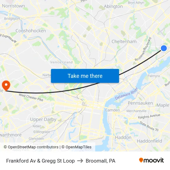 Frankford Av & Gregg St Loop to Broomall, PA map