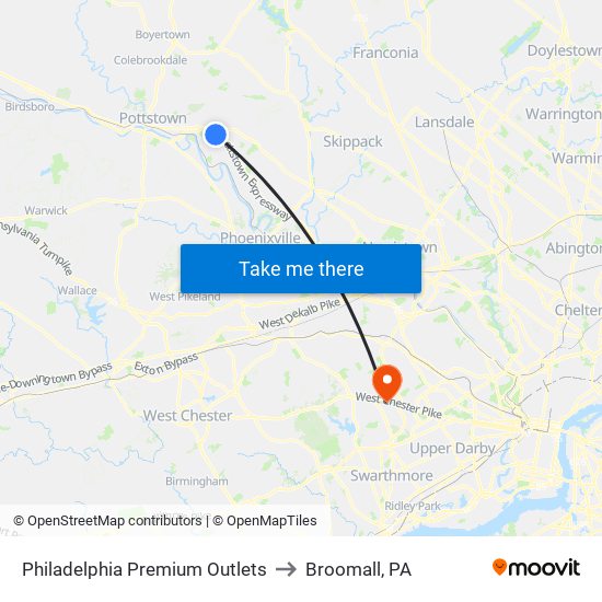 Philadelphia Premium Outlets to Broomall, PA map