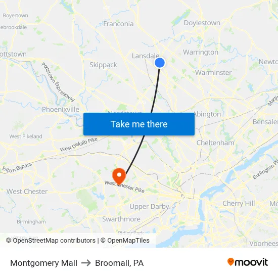 Montgomery Mall to Broomall, PA map