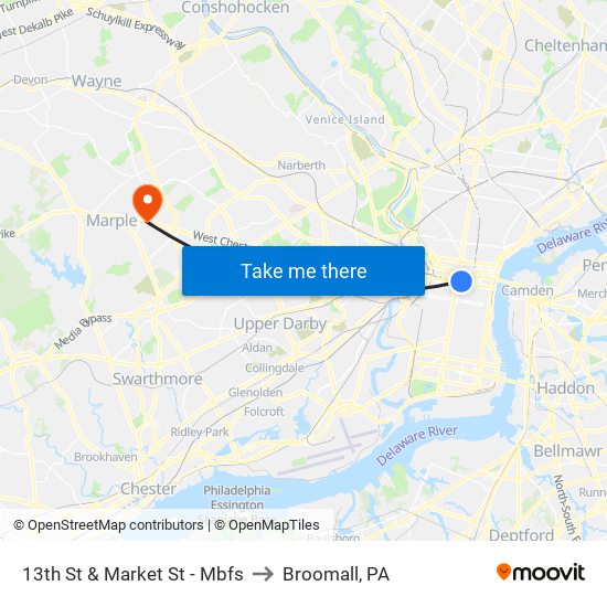 13th St & Market St - Mbfs to Broomall, PA map