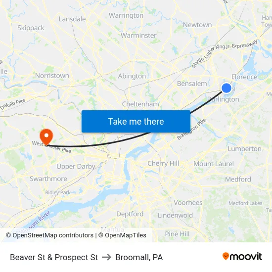 Beaver St & Prospect St to Broomall, PA map