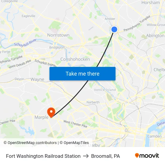 Fort Washington Railroad Station to Broomall, PA map
