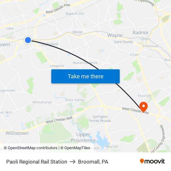 Paoli Regional Rail Station to Broomall, PA map