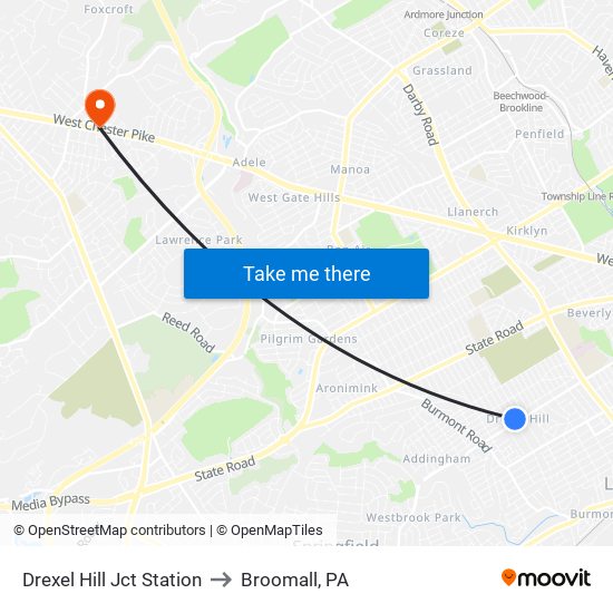 Drexel Hill Jct Station to Broomall, PA map