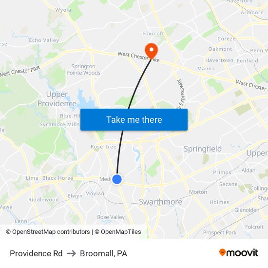 Providence Rd to Broomall, PA map