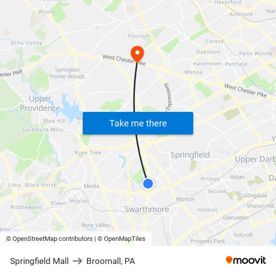 Springfield Mall to Broomall, PA map