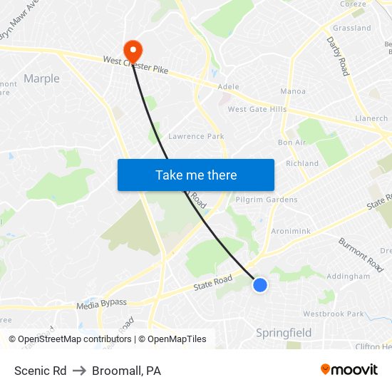 Scenic Rd to Broomall, PA map