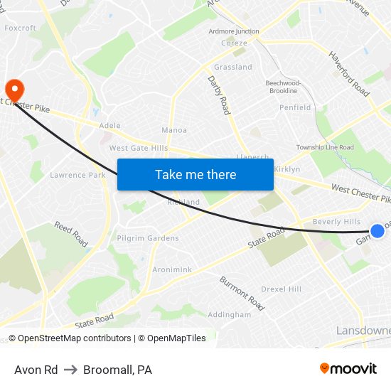 Avon Rd to Broomall, PA map