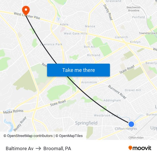 Baltimore Av to Broomall, PA map