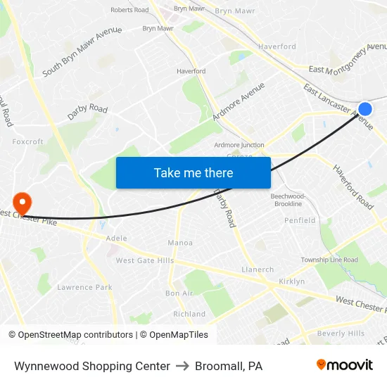 Wynnewood Shopping Center to Broomall, PA map