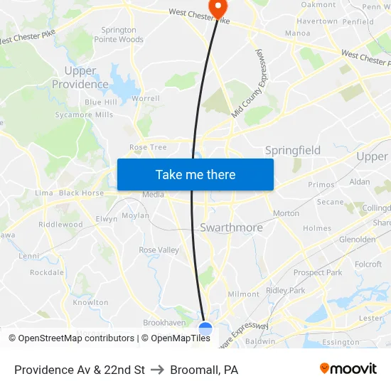 Providence Av & 22nd St to Broomall, PA map