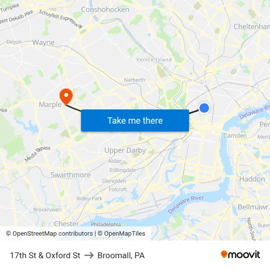 17th St & Oxford St to Broomall, PA map