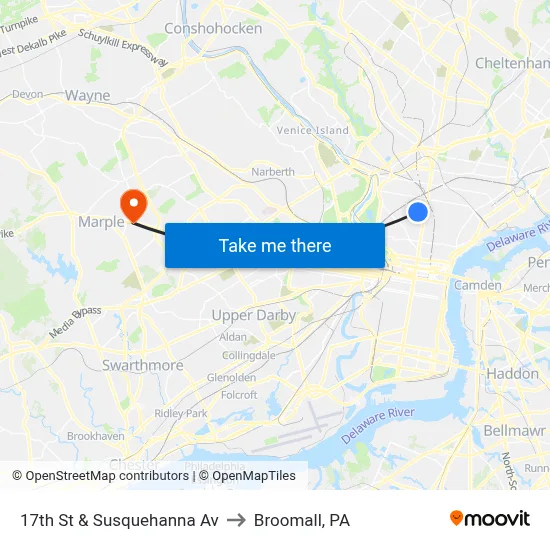 17th St & Susquehanna Av to Broomall, PA map