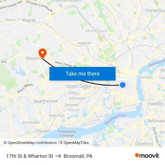 17th St & Wharton St to Broomall, PA map
