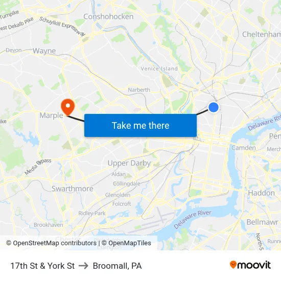 17th St & York St to Broomall, PA map