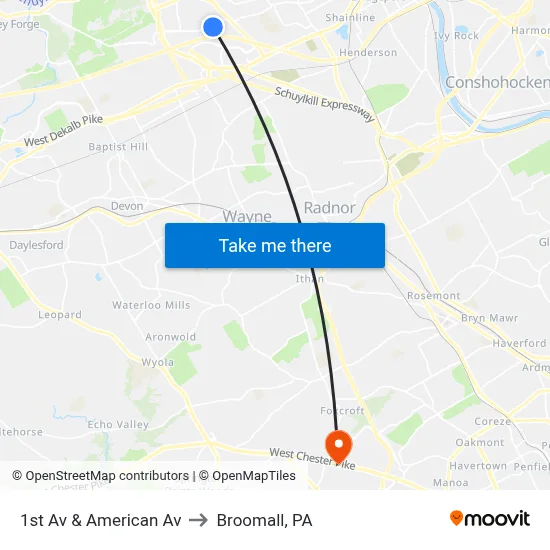 1st Av & American Av to Broomall, PA map