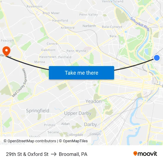 29th St & Oxford St to Broomall, PA map