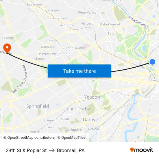 29th St & Poplar St to Broomall, PA map