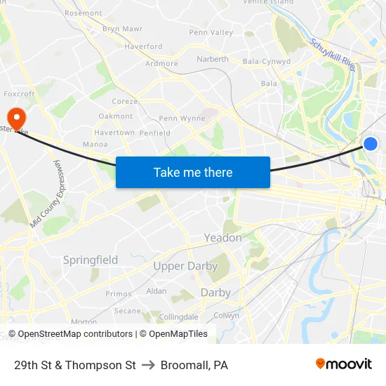 29th St & Thompson St to Broomall, PA map